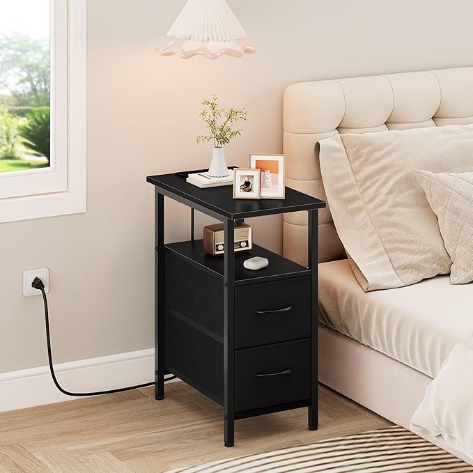 Vagusicc End Table with Charging Station Set of 2, Narrow Side Table, 23.8'' Tall Nightstand with 2 Drawers, Small Sofa Side Table Narrow Nightstand for Small Spaces, Living Room, Bedroom, Black