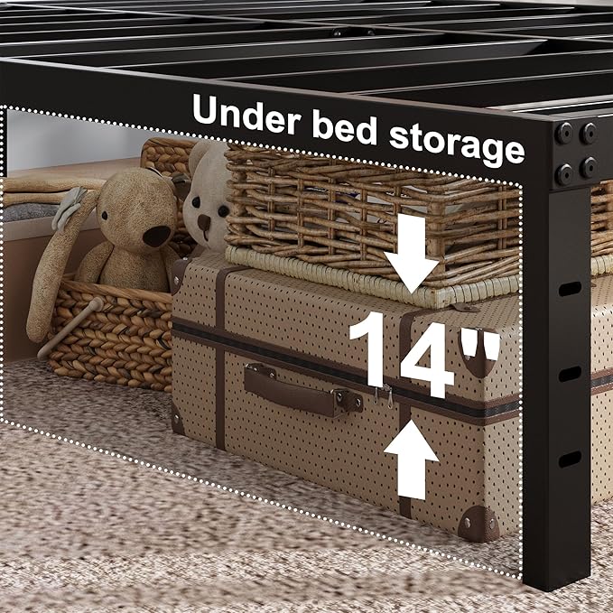 16 Inch King Size Bed Frame with White Skirt Cover, Metal King Bed Frame with Storage, No Box Spring Needed, Heavy Duty, Easy Assembly, Noise Free, Mattress Foundation