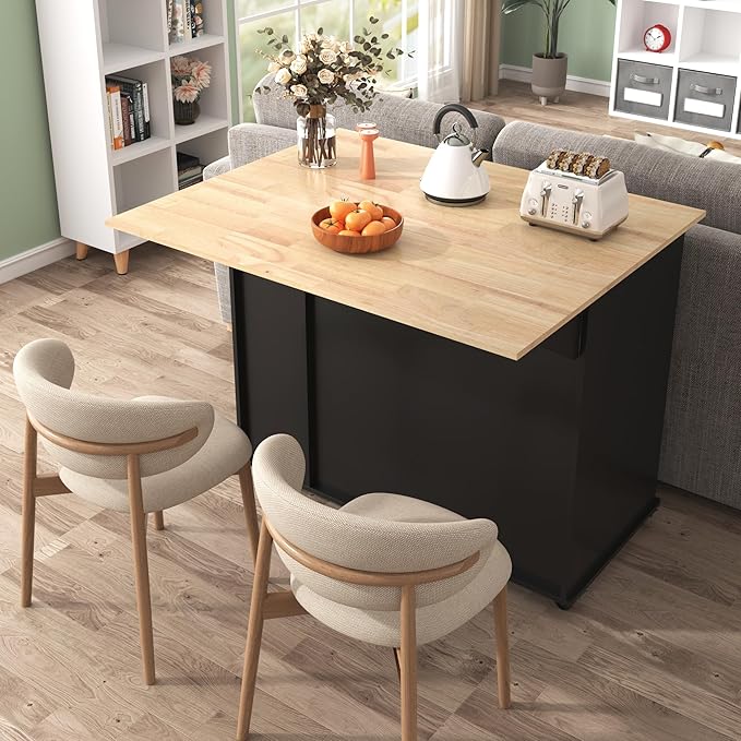 46" Kitchen Island with Drop Leaf,Dining Storage Cart W/ 3 Tier Pull Out Cabinet Organizer & Internal Storage Rack,Rolling Cart on Wheels W/Towel Rack & 2 Drawers,for Kitchen,Black