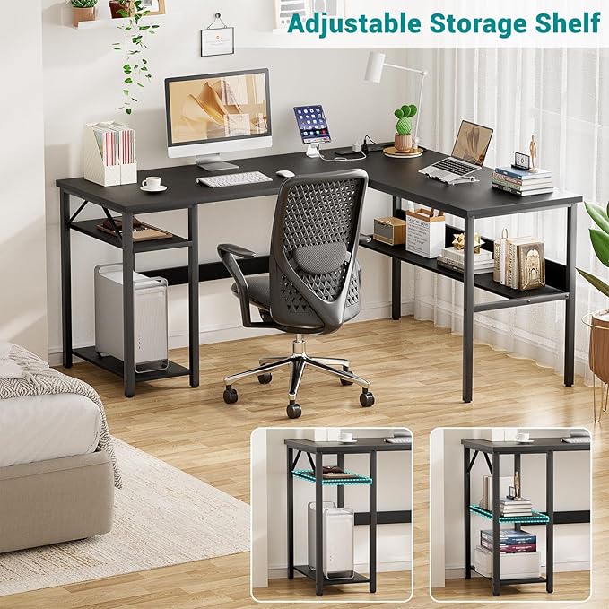 Reversible L Shaped Computer Desk with Power Outlets and USB Charging Ports, Sturdy Corner Desk with Storage Shelf, Modern Work Gaming Table for Home Office, Easy to Assemble, Black