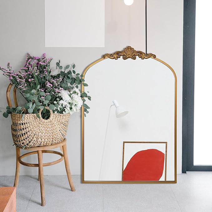 Ruomeng Arched Mirror Traditional Vintage Baroque Inspired Wall Mirror, Gold Wall Mounted Mirror for Entryway Fireplace Hallway Bathroom and Living Room, 24" x 36"