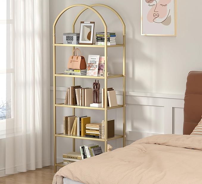 Homhedy Bookshelf Arched Display Racks,Metal Bookcase,Tempered Glass Shelves,Storage Rack Shelf for Home Office,Living Room,Bedroom, Bathroom,Modern Style (Golden, 11.8" D x 23.6" W x 62.2" H)