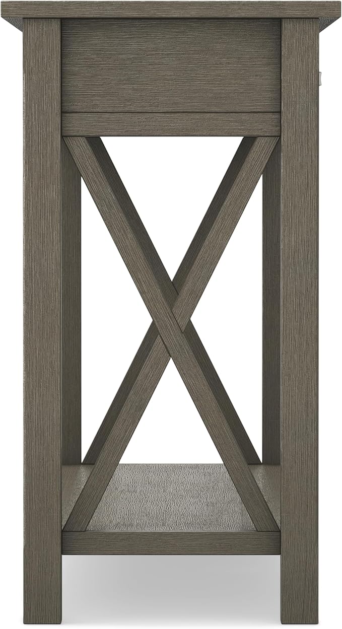 SIMPLIHOME Kitchener Console Table - 47 Inch Wide Solid Wood Sofa Table in Farmhouse Grey, Contemporary Storage Table for Entryway or Living Room with 2 Drawers, Bottom Shelf, and X-Design Side Panels