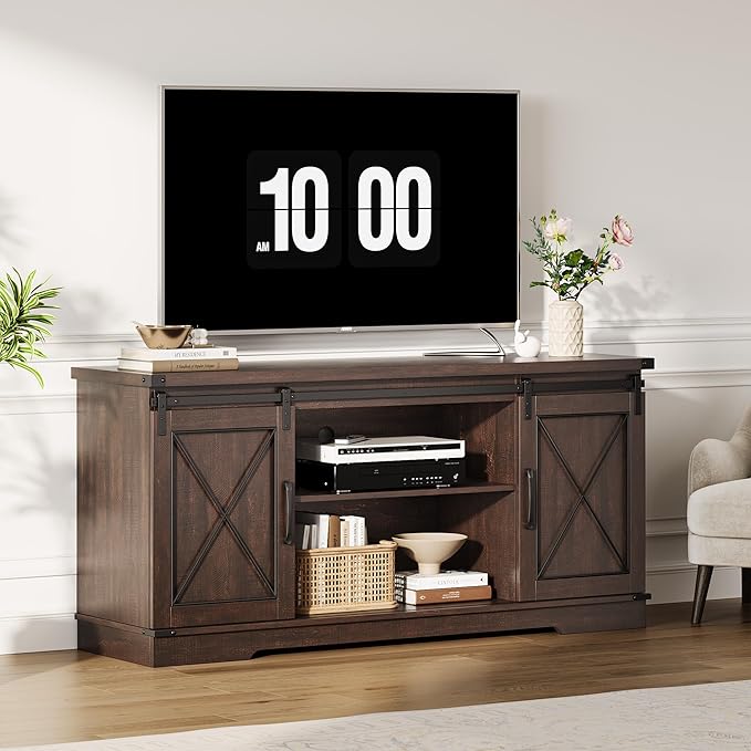 IDEALHOUSE Farmhouse TV Stand and Entertainment Center for Tv up to 65 inches with Sliding Barn Doors and Adjustable Shelf, Tv Media Console Table with Storage Cabinet for Living Room, Brown