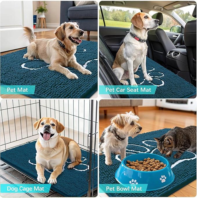OLANLY Door Mat for Muddy Dog Paws 59x24, Absorbent Chenille Mud Doormat with Paw Print Design, Non-Slip Washable Doormat for Indoor Entryway, Quick-Dry Pet Bed Mats for Dirty Dogs, Atlantic Blue