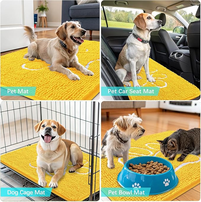 OLANLY Door Mat for Muddy Dog Paws 36x24, Ultra Absorbent Chenille Mud Doormat with Paw Print Design, Non-Slip Washable Doormat for Indoor Entryway, Quick-Dry Pet Bed Mats for Dirty Dogs, Yellow