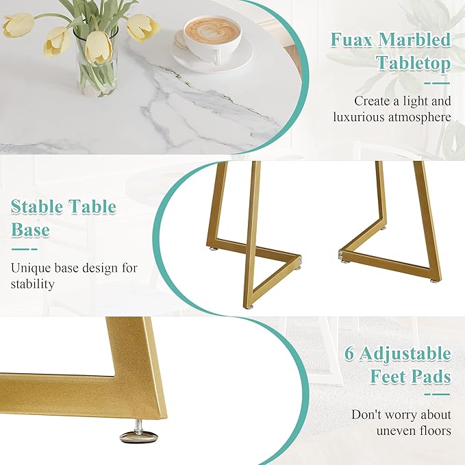 VECELO Small Round Dining Table Set for 2, Wood Tabletop with Strong Metal Frame, Modern Dinette with Chairs for Kitchen, Breakfast Nook Living Room, White & Gold