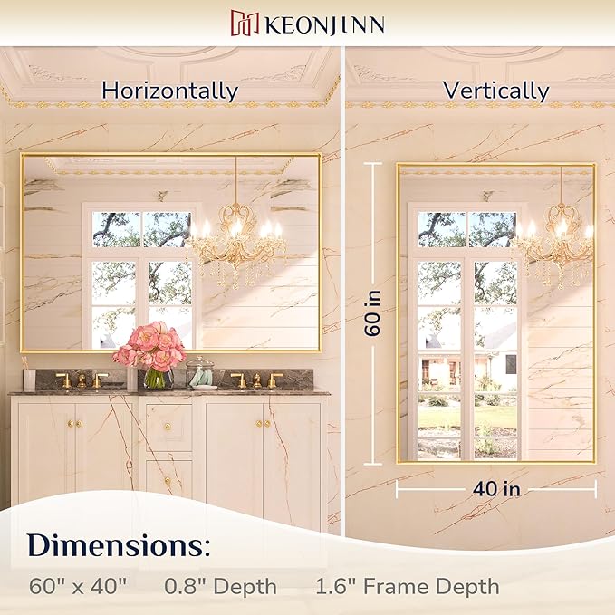 Keonjinn Silver Bathroom Mirror 60” x 40” Large Wall Rectangle Mirror for Bathroom Square Corner Metal Framed Farmhouse Mirror Decorative Rectangular Vanity Mirror for Over Sink(Horizontal/Vertical)