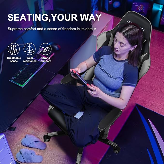 GTRACING Gaming Chair with Footrest, Ergonomic Computer Game Desk Chair, Reclining Gamer Chair Seat Height Adjustment, Swivel Rocker with Headrest and Lumbar (Gray)
