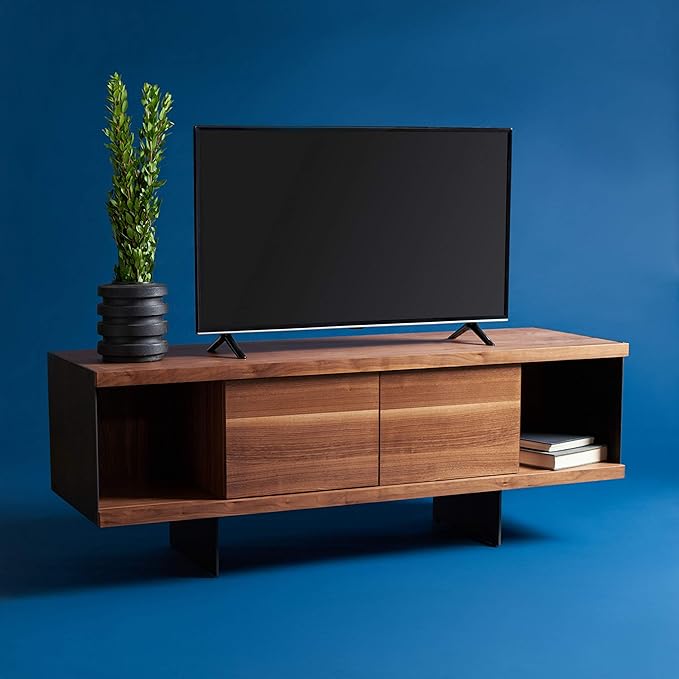 SAFAVIEH Couture Terrance TV Stand for up to 65" Flatscreen – Walnut Brown, 2 Doors with Interior Storage, 2 Open Shelves, Entertainment Media Console (SFV6047B)