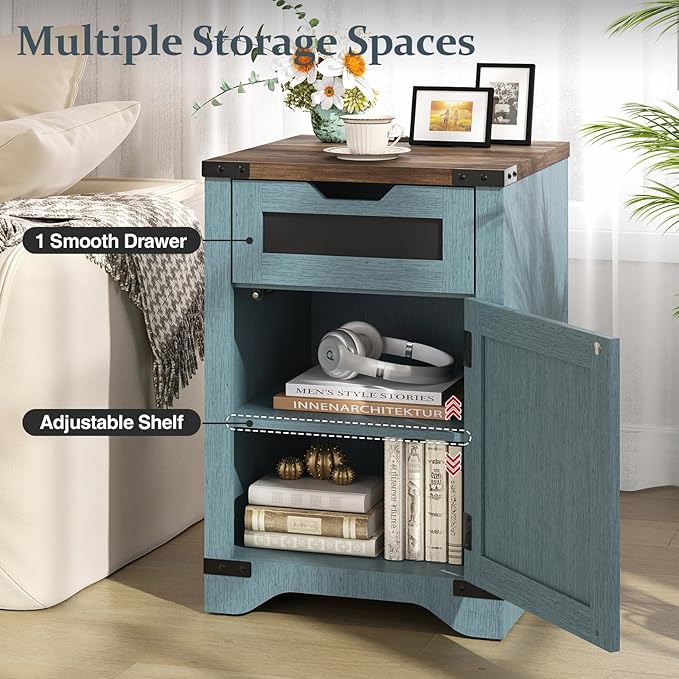 Farmhouse End Table with Charging Station, 26.4" Tall Rustic Nightstand with Drawer and X Barn Door, Country Bedside Sofa Side Table for Living Room, Blue