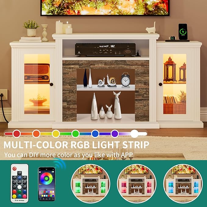 YITAHOME Modern TV Stand for 65 Inch TV, LED Entertainment Center with Power Outlets, Media Console TV Cabinet with Adjustable Shelves & Glass Door for Living Room, White, 59'' TV Stand