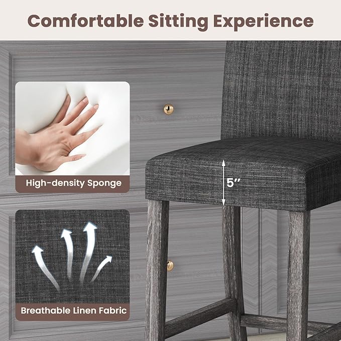 COSTWAY Upholstered Counter Height Stools Set of 2, Bar Stools w/Ergonomic Backrest, Solid Wood Frame, 24.5” Fabric Counter Height Chairs for Kitchen Island, Dining Room, Pub (Grey)