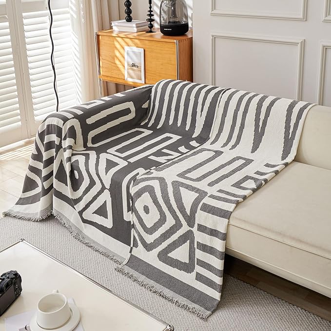 STACYPIK Thick Chenille Boho Sofa Cover Dark Grey Jacquard Geometric Sofa Cover for 1 Cushion Couch L Shape Cover Dog Sofa Protector Non Slip Pet Protector Covers Reversible Sofa Covers-71X71IN