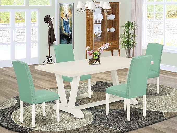 East West Furniture V027EN257-5 5 Piece Dining Set Includes a Rectangle Dining Room Table with V-Legs and 4 Pond Faux Leather Upholstered Chairs, 40x72 Inch, Multi-Color