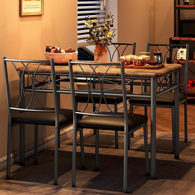 GAOMON Dining Table Set for 4, Rectangle Kitchen Table with 4 Upholstered Chairs Set for 4, 5-Piece Compact Apartment Kitchen & Dining Room Set Furniture for Small Spaces, Space-Saving, Rustic Brown