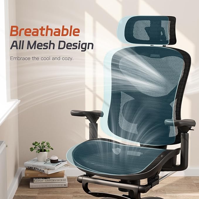 Ergonomic Office Chair, Mesh Desk Chair with Footrest, 3D Armrest - 215° Rotation, Adjustable Lumbar Support & Headrest, 90°-120° Tilt Lock, Big and Tall Computer Gaming Chairs, Black