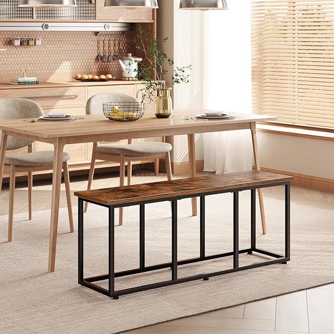 HOOBRO Dining Bench, 47.2 Inch Dining Table Bench, Industrial Style Kitchen Bench, Steel Frame, Easy to Assemble, for Kitchen, Dining Room, Rustic Brown and Black BF45CD01