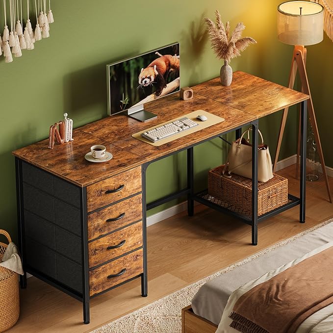 Huuger 63 Inch Computer Desk with 4 Drawers and Mesh Shelf, Gaming and Work Desk for Home Office, Study, Bedroom, Work from Home, Rustic Brown