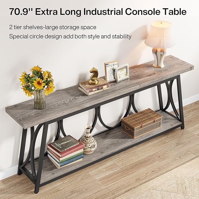 Tribesigns 70.9 inch Extra Long Console Table, Industrial Sofa Table Behind Couch with 2 Tier Storage Shelf, Narrow Entryway Hallway Accent Table for Living Room, Grey