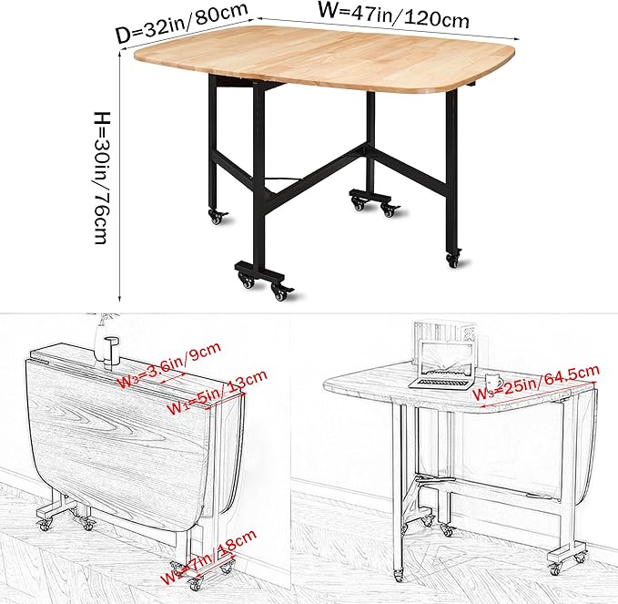 Multifunction Table Drop Leaf Dining Table - 47" Solid Wooden Foldable Kitchen Table with 6 Wheels (Natural)