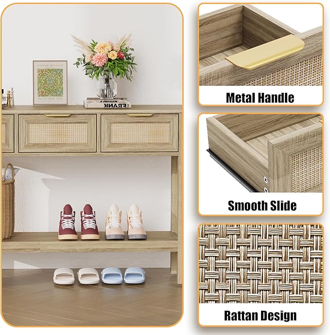Entryway Table, Rattan Console Table with 3 Storage Drawers and Storage Shelf, Sofa Table with Socket, for Entryway, Living Room, Behind Couch and Hallway (Natural Wood)