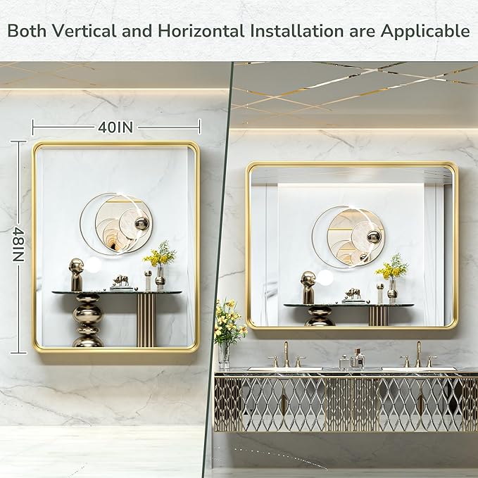 TokeShimi 48x40 Inch Brushed Gold Bathroom Vanity Mirror for Wall with Non-Rusting Aluminum Alloy Metal Frame Rounded Corner for Farmhouse Modern Home Decor (Horizontal/Vertical)