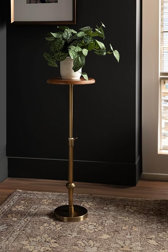 Kate and Laurel Engles Modern Adjustable-Height Pedestal Drink Table; 10 x 10 x 30; Walnut Brown and Brass; Mid-Century Round Indoor Metal Plant Stand with Solid Wood Tabletop