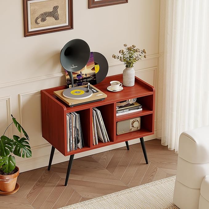 Record Player Stand with Vinyl Storage,Turntable Stand with Solid Wood Legs,Record Player Table Holds Up to 200 Albums,Vinyl Holder Storage Shelf for Bedroom Living Room,Walnut