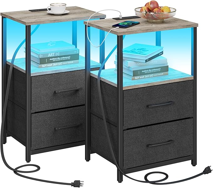 TUTOTAK LED End Table with Charging Station, Nightstand with Cloth Drawer, Side Table with 1 USB Port and 1 Type-C Port, Set of 2, Couch Table, Greige TB01BG052L