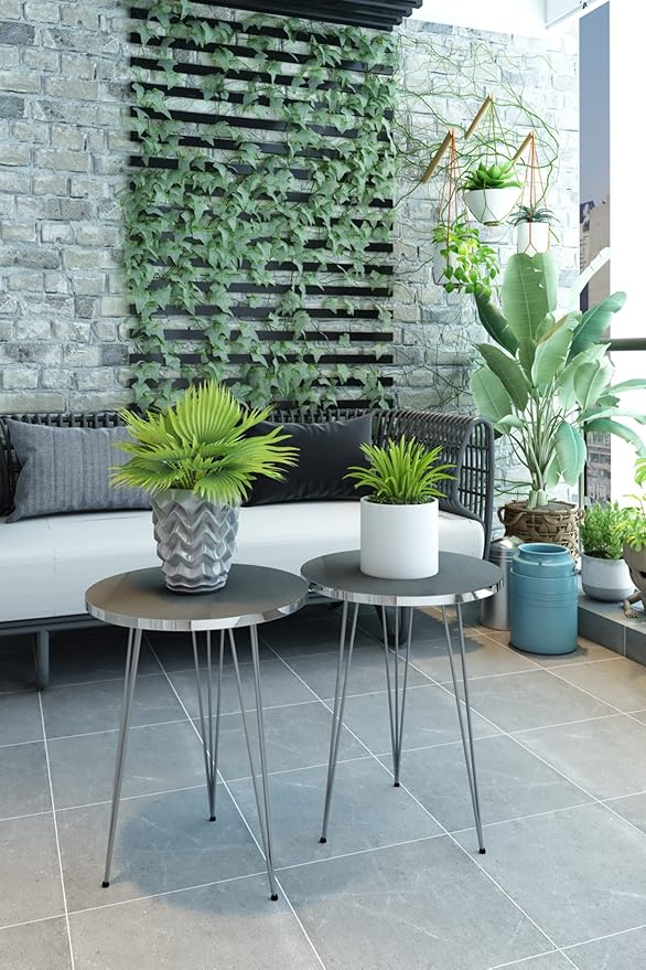 PAK HOME - Set of 2 End Table - High Gloss Grey Wood Round Sofa Side Coffee Tables for Small Spaces, Nightstand Bedside Table with Metal Silver Legs for Small Spaces