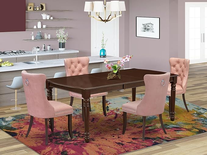 East West Furniture DODA5-MAH-23 5 Piece Dining Room Set Consists of a Rectangle Wooden Table with Butterfly Leaf and 4 Polyester Fabric Upholstered Chairs, 42x78 Inch, Mahogany