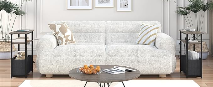 Narrow Side Table with Charging Station, Small End Table for Small Spaces, Skinny Nightstands with Storage Basket, 3 Tier Sofa Couch Bedside Tables for Living Room,Bedroom, Grey