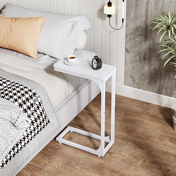 QEEIG Narrow C Shaped Side Table Set of 2 Living Room Sets Slim Couch Tray Tables Skinny Thin Small Modern 7 inch Width, White (017-18WW)