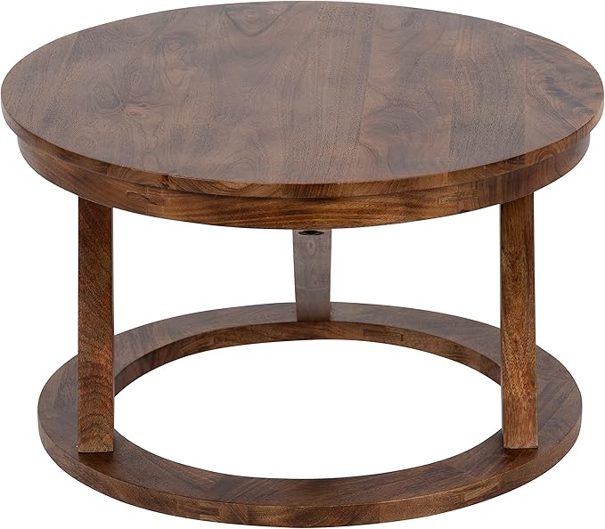Kate and Laurel Aja Bohemian Round Wood Coffee Table; 26 inch Diameter; Walnut Brown; Decorative Boho Modern Coffee Table for Hosting; Storage; and Display