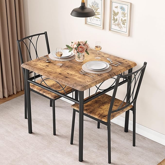 GarveeHome Small Dining Table Set for 2, Square Table and Chairs Set of 2, 3 Piece Kitchen Table Set of 2 with Upholstered Chairs, Dinner Table Set for 2 for Small Spaces, Apartment, Rustic Brown