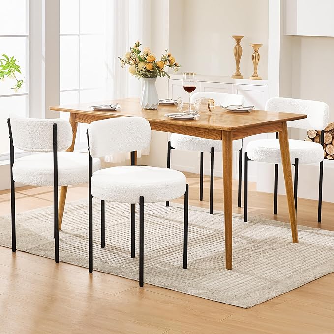 Dining Chairs Set of 2, White Boucle Dining Chair, Curved Backrest Upholstered Dining Room Chairs with Black Metal Legs, Mid Century Modern Dining Chairs for Kitchen, Living Room, White