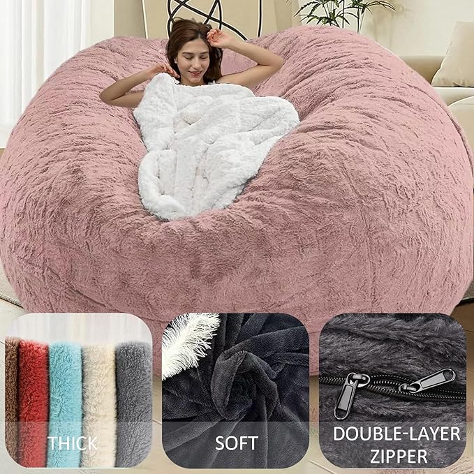 BCU Bean Bag Cover Comfy Beanbag Chair for Adults Without Filler Faux Fur Lazy Sofa Cover for Living Room Chairs, Black, 3.5FT