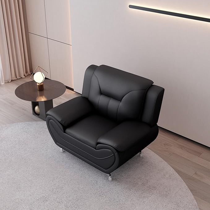 Container Furniture Direct Michael Modern Faux Leather Upholstered Stainless Steel Legs Living Room, Chair, Loveseat, Sofa, Black