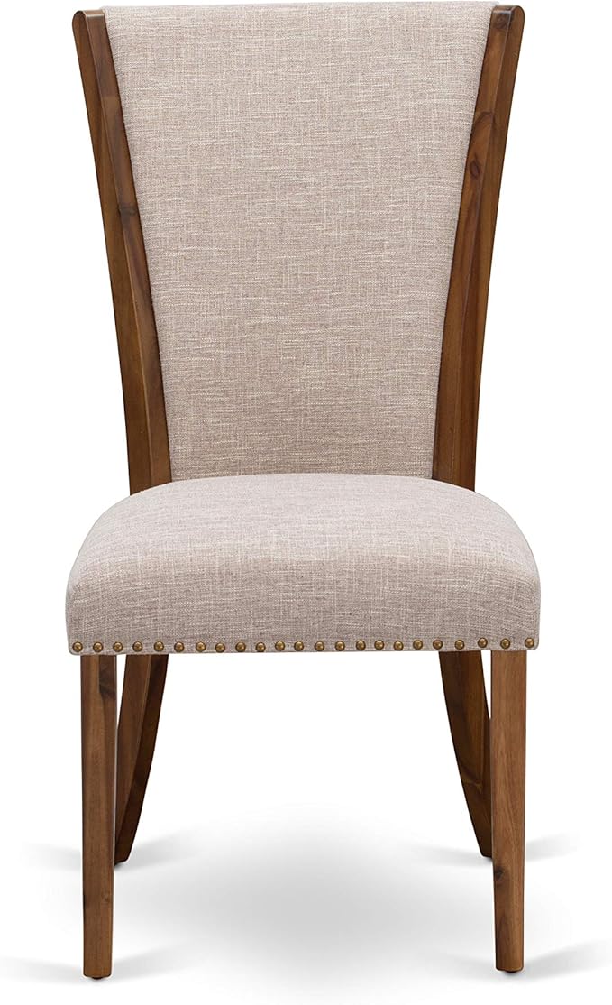 East West Furniture VEP8T04 Verona Parsons Dining Chairs - Nailhead Trim Light Tan Linen Fabric Upholstered Chairs, Set of 2, Walnut