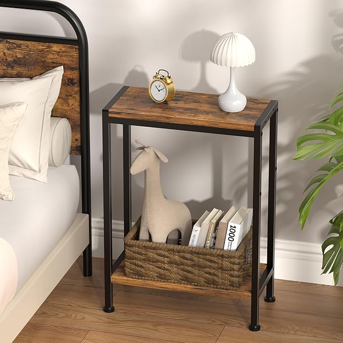 Narrow Side Table for Small Space Set of 2, 2-Tier Small End Table with Shelf Holder, Slim Nightstand, Skinny Snack Couch Table in Living Room, Bedroom, Study, Kitchen and Balcony（Rustic Brown
