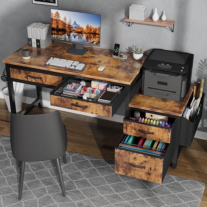 Lufeiya Computer Desk with Fabric File Drawers Cabinet, 57 Inch Home Office Desks with Filing Cabinet Printer Stand for Small Space, Study Writing Table PC Desks for Bedroom, Brown