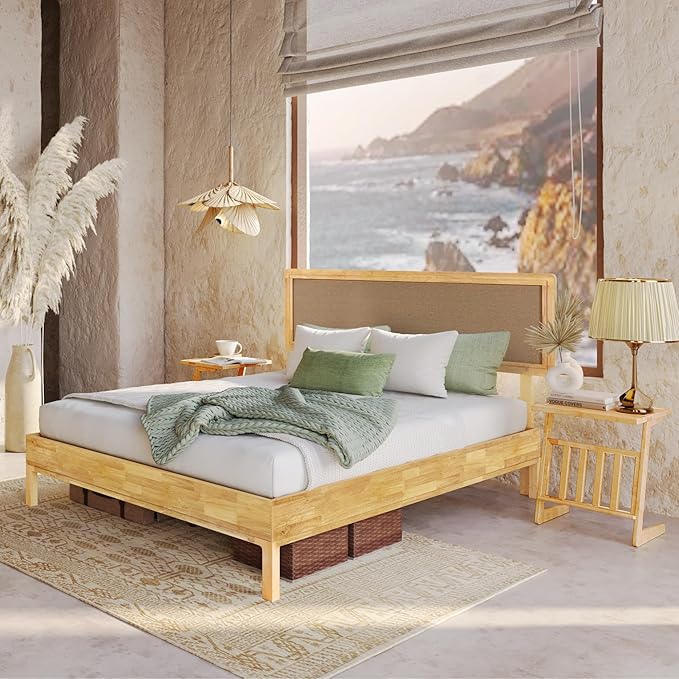 Bme Nipe Queen 14 Inch Bohemian Bed Frame with Adjustable Woven Headboard - Rustic & Vintage Unique Style with Acacia Wood - No Box Spring Needed - Easy Assembly - Natural