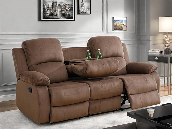 Recliner Sofa Couch, 3-Seater Home Theater Seating Reclining Sofa, Power Reclining Couch with Cup Holders & Drop Down Table for Living Room Furniture Sets, Brown