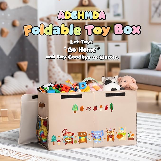 80L Large Toy Storage Box with Lid, Large Toy Box Chest for Kids, Girls and Boys, Nursery Room and Living Room, 26"x13" x16" (Dark Khaki-animal)