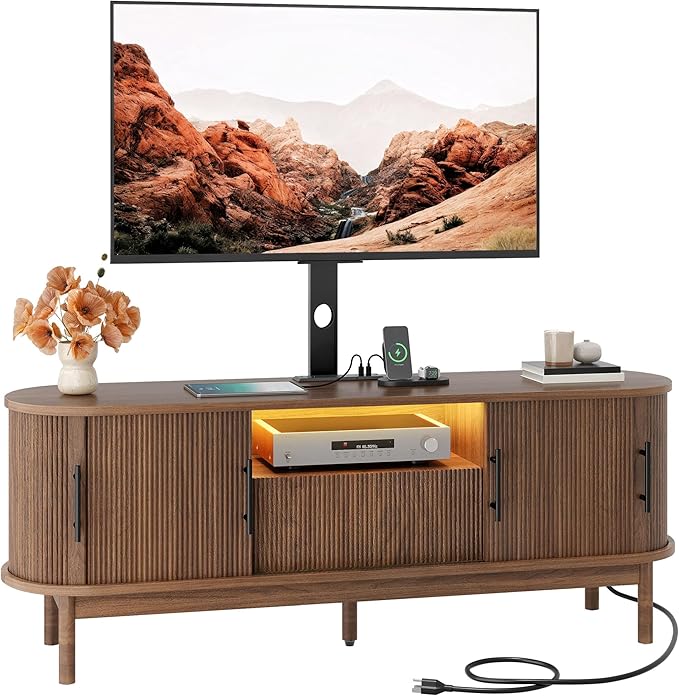 YITAHOME TV Stand with Mount and Power Outlet, Modern Entertainment Center with 3 Height Adjustment TV Mount for 32-70 inch TVs, LED Fluted TV Media Console with Sliding Doors, Curved Profile Design