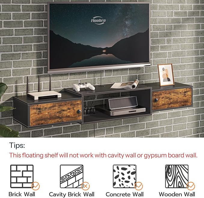 HOOBRO 55" Floating TV Stand with Power Outlet, Modern Wall Mounted Media Console Shelf Cabinet for Under TV Storage, Entertainment Center, Living Room, Bedroom, Rustic Brown and Black BF11DS01