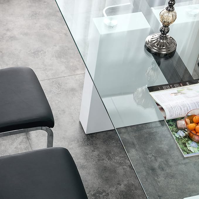63" Modern Glass Dining Table with Rectangular Tempered Tabletop,Dinner Desk Set for 6-8 People W/Trapezoid Bracket,for Home,Kitchen,Dining Room,Office,White+Clear Finish
