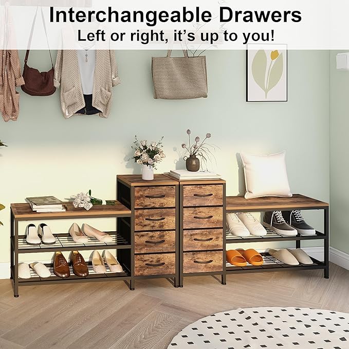 EXOTICA 3-Tier Shoe Storage Bench Industrial Entryway Shoe Rack with 4 Drawers and Seating Shoe Shelf Storage Cabinet for Hallway Front Door Doorway Living Room Mudroom Steel Frame