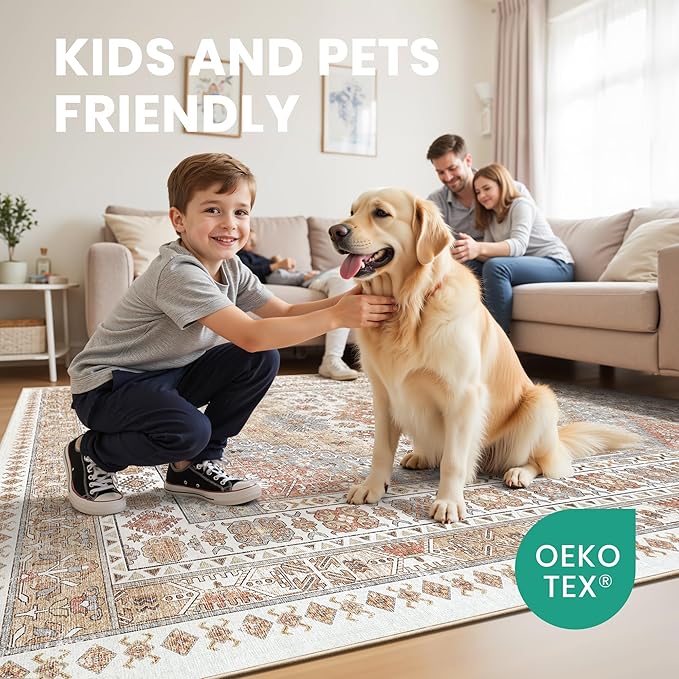 zesthome 9ft Round Rugs for Living Room, Non-Slip Washable Round Area Rugs, Ultra-Thin Large Circle Rugs, Soft Low Pile Rug for Bedroom, Kitchen - Vintage Stain Resistant Round Rug (Orange,9'x9')
